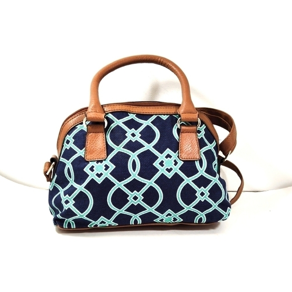 Croft & Barrow - Navy & Teal Patterned Satchel Crossbody Bag with Tan Faux Leath - Picture 2 of 7